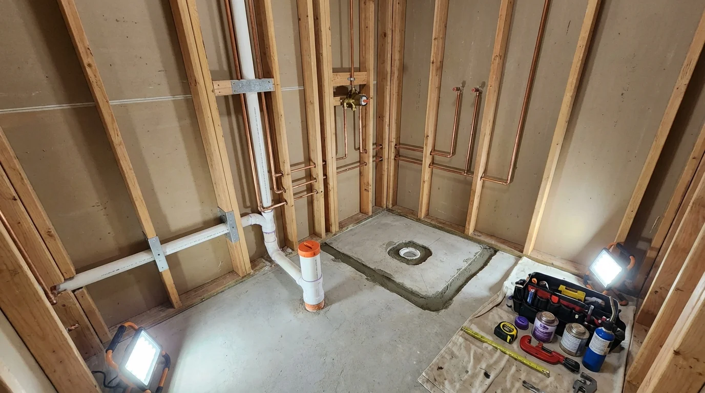 Bathroom rough-in plumbing during remodel by Johns Plumbing LLC in Westby