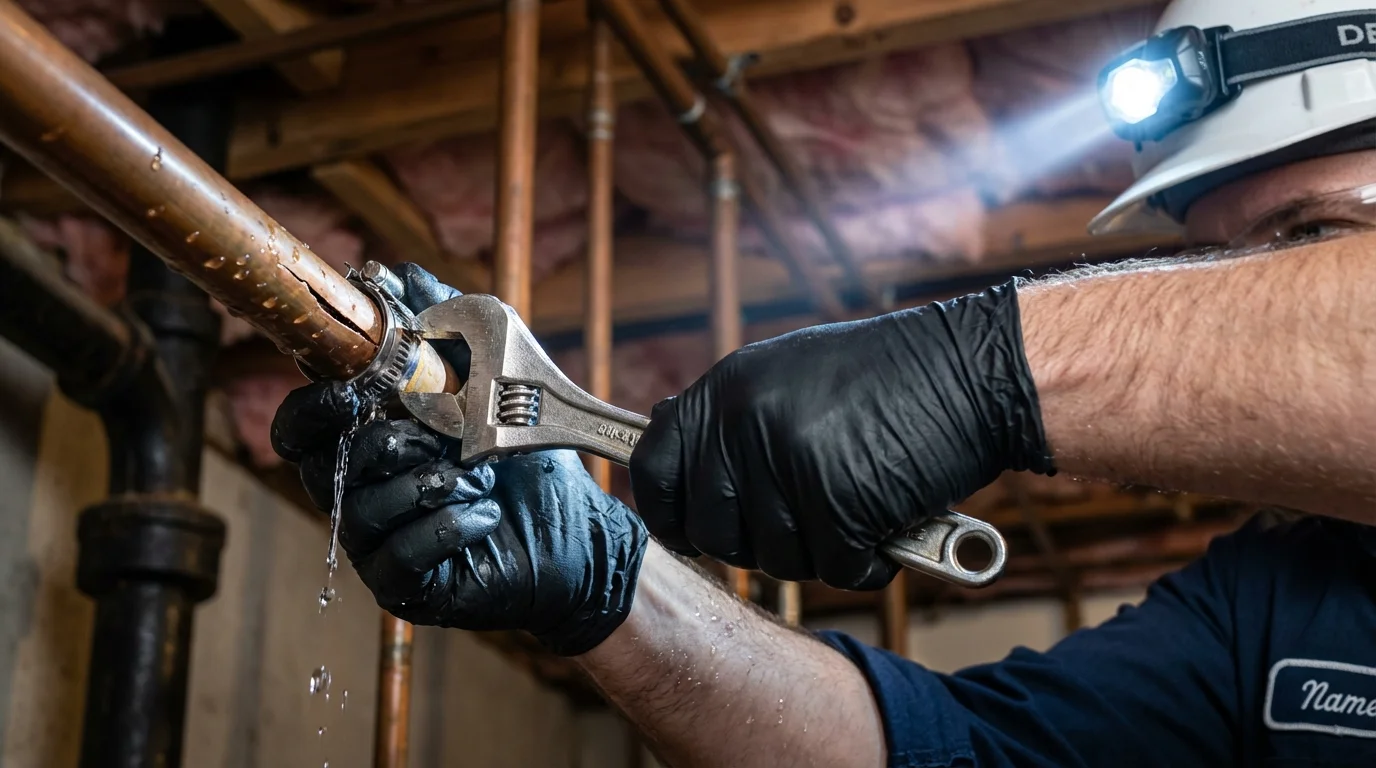 Emergency pipe clamp repair being performed by a Johns Plumbing LLC plumber in Westby