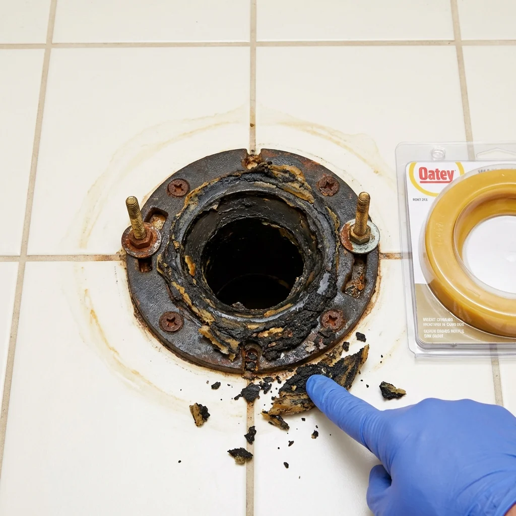 Failed wax ring showing water seepage at the base of a toilet in a Westby, WI home