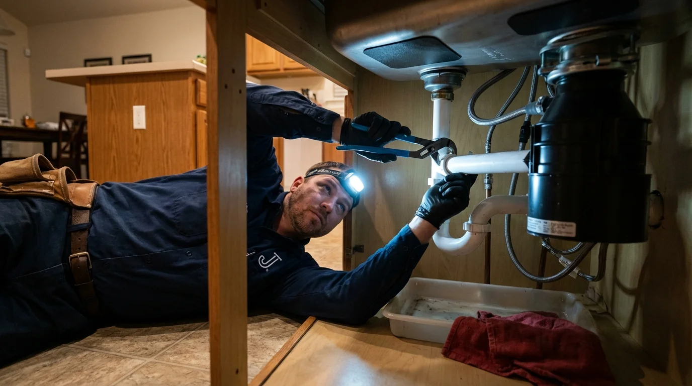 P-trap and supply line connections under a kitchen sink showing a common leak point in Westby, WI